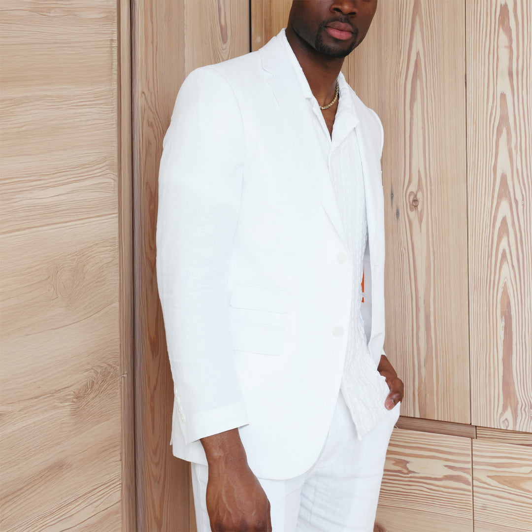 Inserch Classic Linen Blazer SU660R-00002 White - Regular features a white linen design with a two-button closure, matching vest, orange label tags, and a refined notch collar.