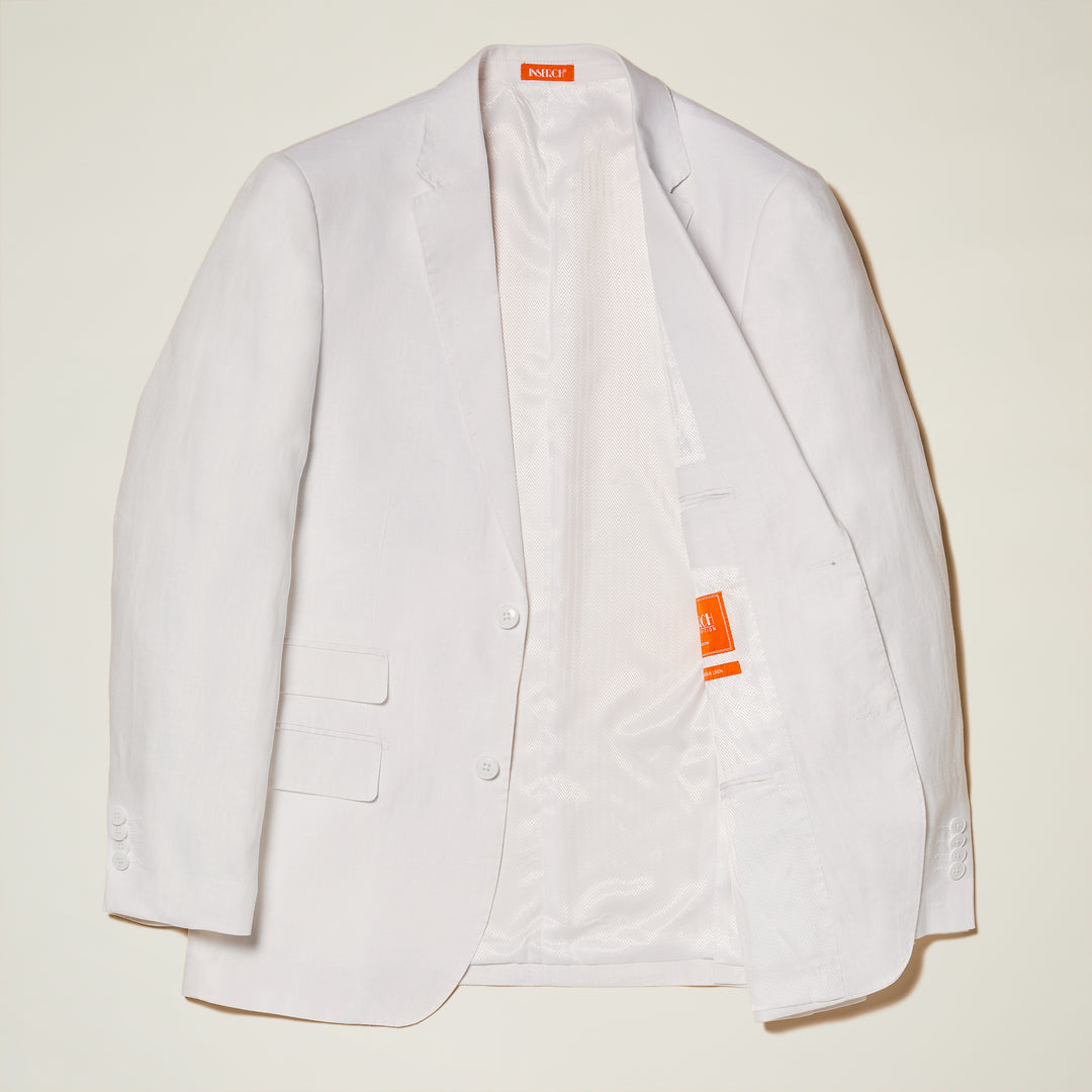 The Inserch Slim Linen Suit SU880-00002 in white features a premium yarn-dye fabric. Displayed open, it reveals a light lining and a distinctive orange label tag, exemplifying the brand's attention to detail.