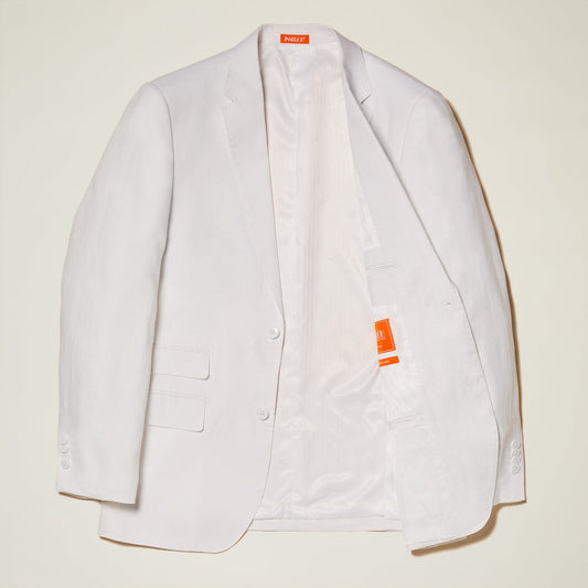 The Inserch Slim Linen Blazer SU880-00002 in white, by Inserch, is shown on a light backdrop with the right side open to highlight its interior lining and orange label—a modern update in men's fashion.