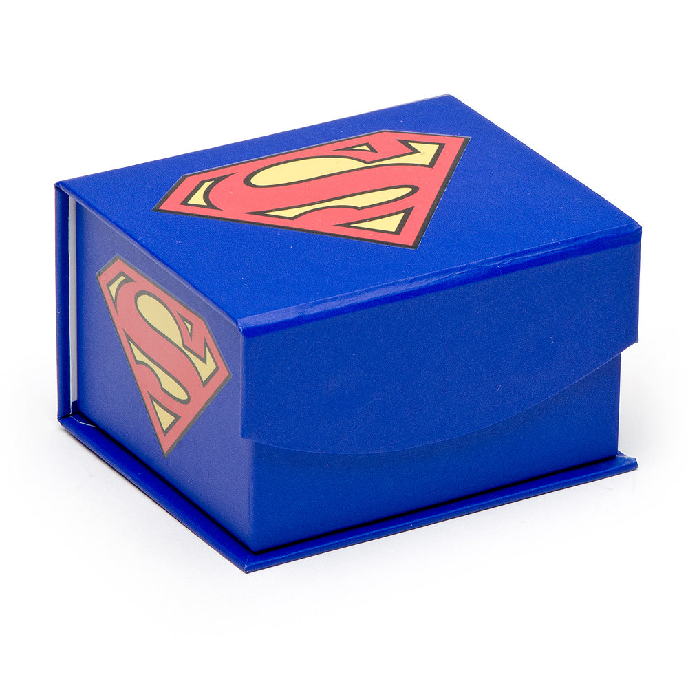 The DC Superman Shield Satin Black Cufflinks by Cufflinks.com feature one cufflink with the iconic Superman "S" shield and the other with the classic DC logo, both in a sleek black finish.