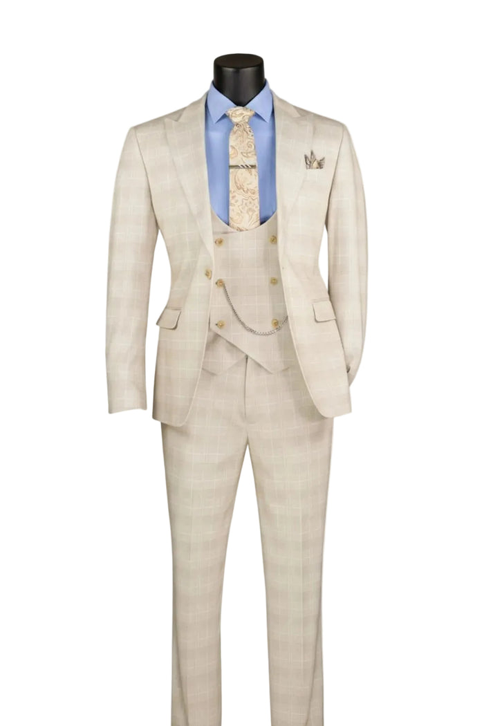Slim Fit Birch 3 Piece 1 Button Windowpane Suit SV1W-1 by Vinci Suits features a cream plaid design with gold buttons, blue shirt, patterned tie, vest, and pocket square on mannequin.