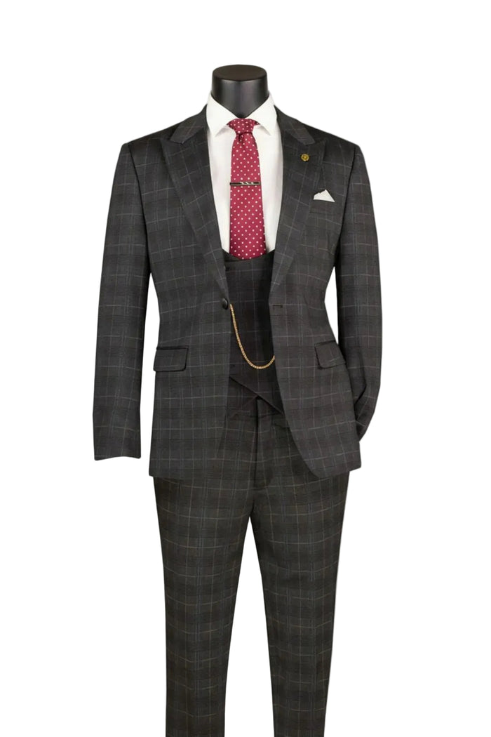 A mannequin showcases the Slim Fit Black 3 Piece 1 Button Windowpane Suit SV1W-1 by Vinci Suits with a white shirt, red polka dot tie, gold chain, and white pocket square.