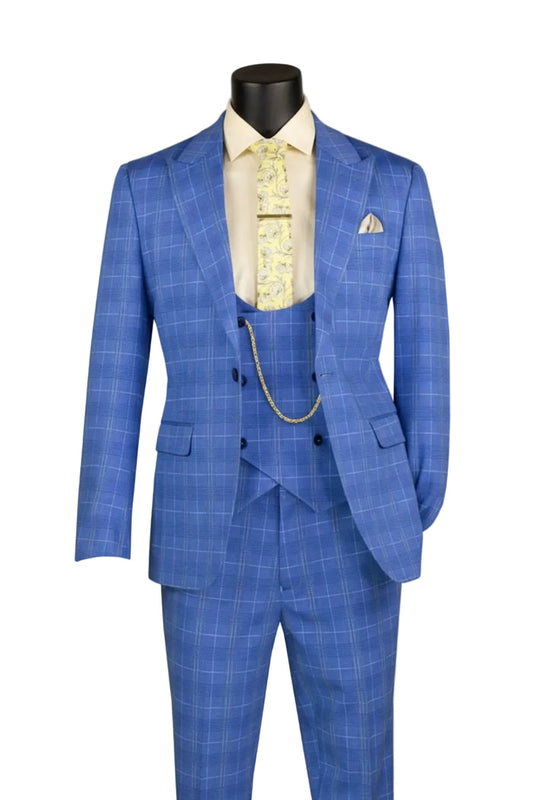 The Slim Fit Blue 3 Piece 1 Button Windowpane Suit SV1W-1 by Vinci Suits is shown with a yellow shirt, patterned tie, pocket square, and gold chain on a black mannequin.