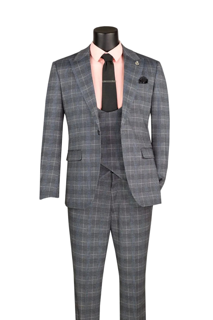 Slim Fit Gray 3 Piece 1 Button Windowpane Suit SV1W-1 by Vinci Suits: plaid suit with pink shirt, black tie, and pocket square on mannequin against a white background.