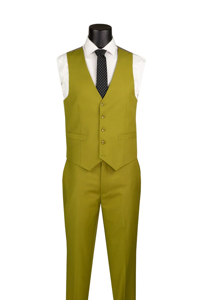 Mannequin wears the Slim Fit Suit 3 Piece 2 Button Moss SV2900 by Vinci Suits with a white shirt and black polka dot tie—ideal for weddings or business.