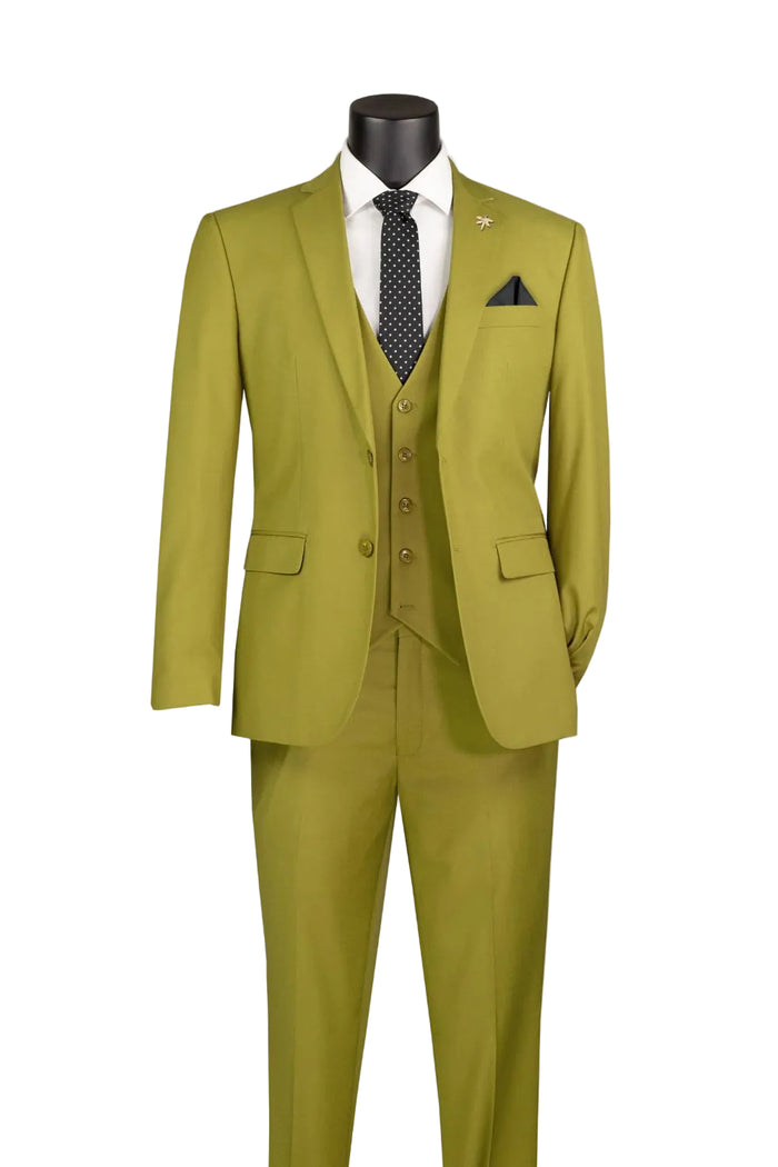 Mannequin wears the Slim Fit Suit 3 Piece 2 Button Moss SV2900 by Vinci Suits with a white shirt and black polka dot tie—ideal for weddings or business.