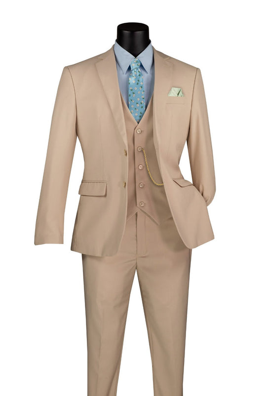 The mannequin is dressed in a Vinci Suits Slim Fit 3 Piece 2 Button Suit Stone SV2900, paired with a light blue shirt, patterned teal tie, and matching pocket square.