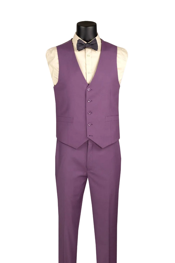 The Slim Fit Suit 3 Piece 2 Button Vintage Violet SV2900 by Vinci Suits is shown on a black mannequin torso with a bow tie, pocket square, and chain detail.
