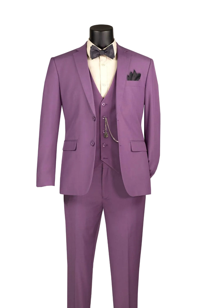 The Slim Fit Suit 3 Piece 2 Button Vintage Violet SV2900 by Vinci Suits is shown on a black mannequin torso with a bow tie, pocket square, and chain detail.