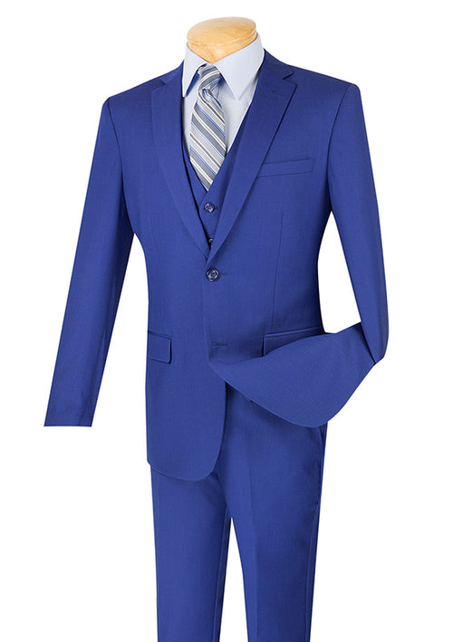 A Vinci Suits Slim Fit 3 Piece 2 Button Suit in Twilight Blue (SV2900) is elegantly displayed with a light blue shirt and striped tie on a mannequin.