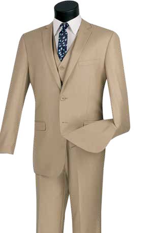 The mannequin is elegantly dressed in a Vinci Suits' Slim Fit 3 Piece 2 Button Suit (Light Beige), featuring a jacket, waistcoat, and pants. It's completed with a crisp white dress shirt and a navy star-patterned tie.