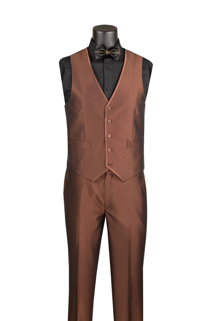 The Slim Fit Cappuccino 3 Piece Satin Suit SV2D-1 by Vinci Suits features a bronze slim fit, black shirt, vest, bow tie—perfect for weddings with stylish pocket square and gold chain.