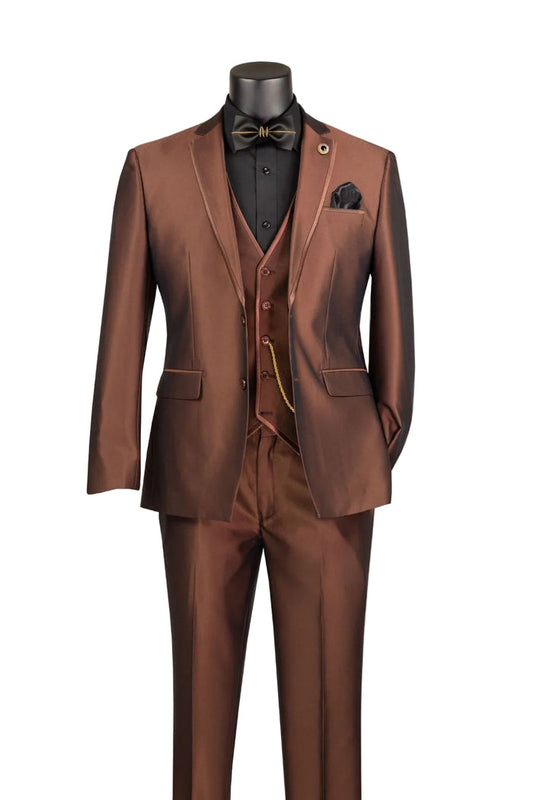 The Slim Fit Cappuccino 3 Piece Satin Suit SV2D-1 by Vinci Suits features a bronze slim fit, black shirt, vest, bow tie—perfect for weddings with stylish pocket square and gold chain.