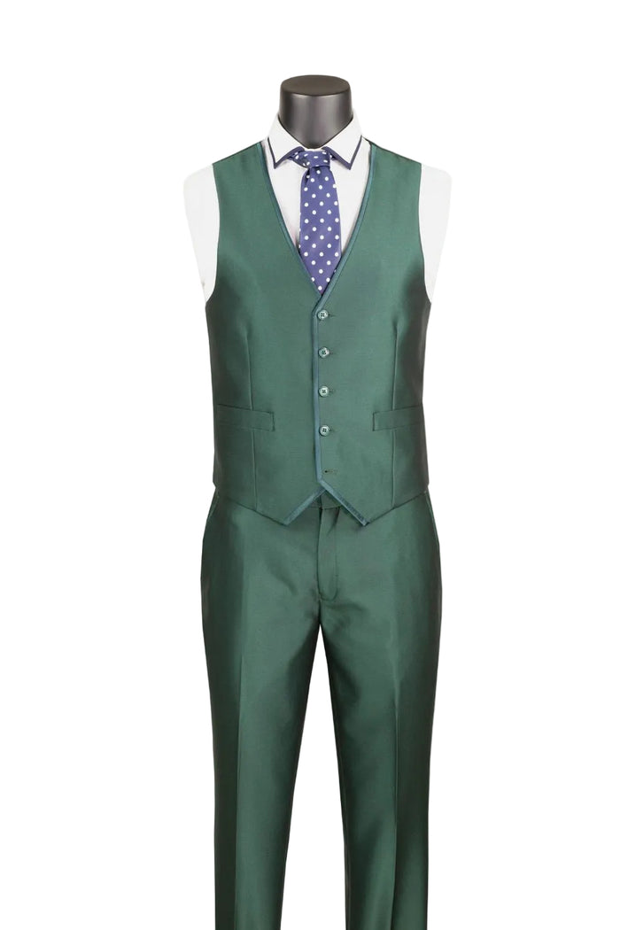 The Slim Fit Hunter Green 3 Piece Satin Suit SV2D-1 by Vinci Suits, styled with a white shirt, blue polka dot tie, and pocket square—perfect for weddings.