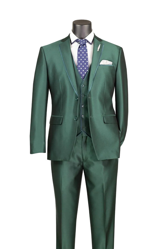 The Slim Fit Hunter Green 3 Piece Satin Suit SV2D-1 by Vinci Suits, styled with a white shirt, blue polka dot tie, and pocket square—perfect for weddings.