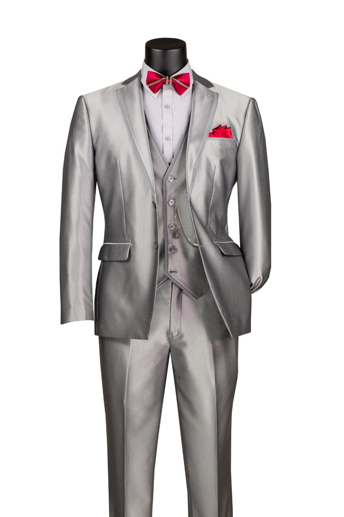 The Slim Fit 3 Piece Satin Suit Silver SV2D-1 by Vinci Suits features a notch lapel, matching pants, vest, and jacket. It comes with a red bow tie, pocket square, and crisp white shirt.
