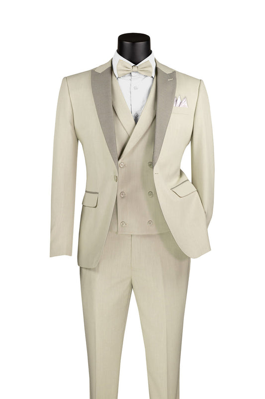 The Vinci Suits Slim Fit 3 Piece with Matching Bow Tie Tuxedo Ecru SV2K-5 includes a jacket, waistcoat, trousers, crisp white shirt, patterned bow tie, and a pocket square. Crafted from a poly-rayon blend in a beige tone for an elegant look.