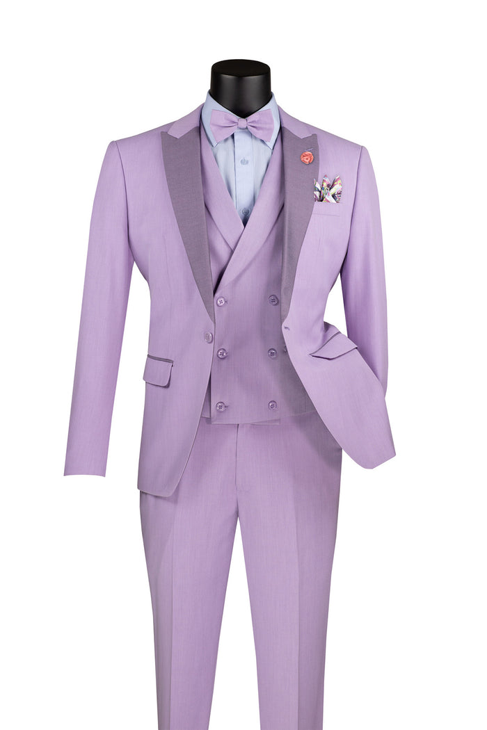 The mannequin features a Vinci Suits Slim Fit Tuxedo 3 Piece in Lavender SV2K-5 with shawl lapels, a double-breasted vest, light blue shirt, and matching bow tie and pocket square.