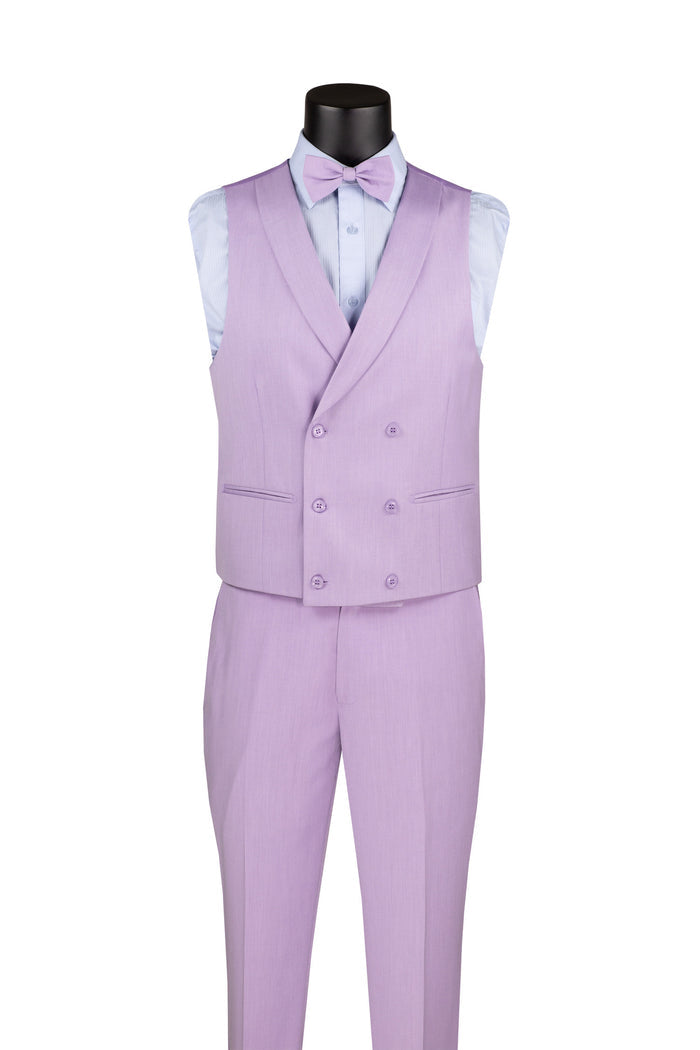 The mannequin features a Vinci Suits Slim Fit Tuxedo 3 Piece in Lavender SV2K-5 with shawl lapels, a double-breasted vest, light blue shirt, and matching bow tie and pocket square.