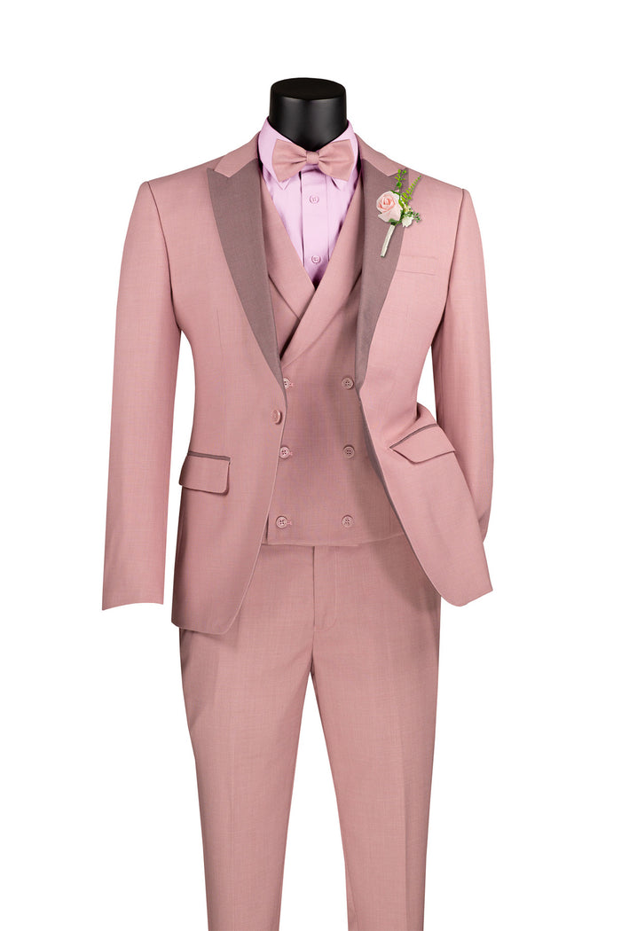 The Slim Fit 3 Piece with Matching Bow Tie Tuxedo Mauve SV2K-5 by Vinci Suits features a headless mannequin showcasing a mauve suit with a matching bow tie and boutonniere, complemented by light brown peak lapels.