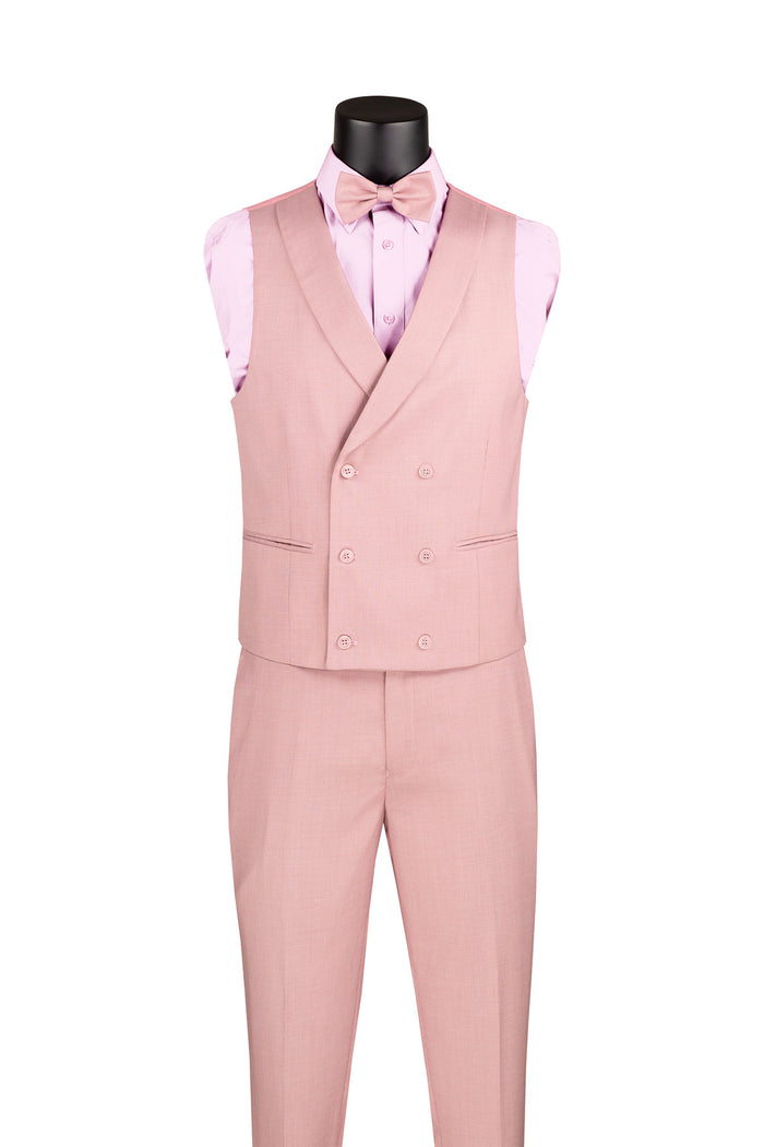 The Slim Fit 3 Piece with Matching Bow Tie Tuxedo Mauve SV2K-5 by Vinci Suits features a headless mannequin showcasing a mauve suit with a matching bow tie and boutonniere, complemented by light brown peak lapels.