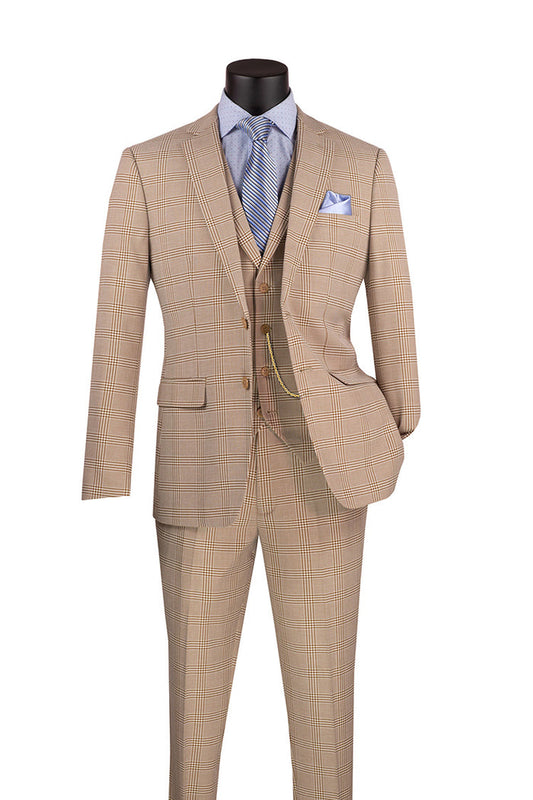 The Vinci Suits Slim Fit Suit Windowpane 3 Piece with Vest Beige SV2W-6 on the mannequin showcases a classic windowpane design. Paired with a blue tie, light blue shirt, and pocket square, this wrinkle-resistant ensemble ensures you look impeccable at all times.