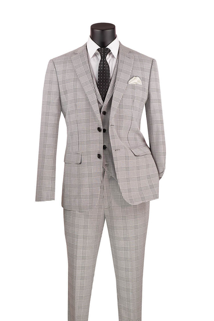 The Vinci Suits Slim Fit Suit Windowpane 3 Piece with Vest Gray SV2W-6 is displayed on a mannequin, paired with a white shirt and black polka dot tie.