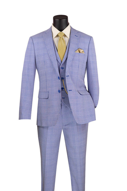 Displayed is the Vinci Suits Slim Fit Windowpane 3 Piece with Vest in Sky Blue SV2W-6, featuring a wrinkle-resistant fabric. Paired elegantly with a white shirt, yellow tie, and matching pocket square.