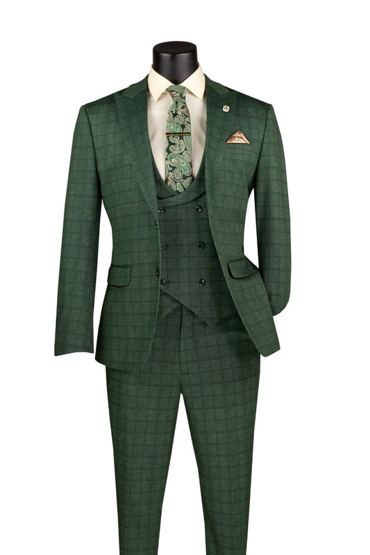 On display is the Vinci Suits Slim Fit 3 Piece Stretch Fabric Suit in Green (SV2W-8), featuring a checkered pattern on a mannequin, complete with a matching paisley tie and pocket square.