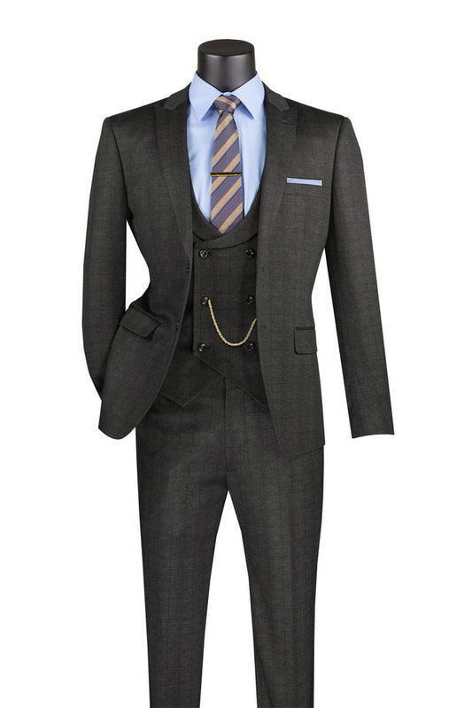 A mannequin is sharply dressed in a Vinci Suits Slim Fit 3 Piece Stretch Fabric Suit, in black, paired with a blue shirt and striped tie.