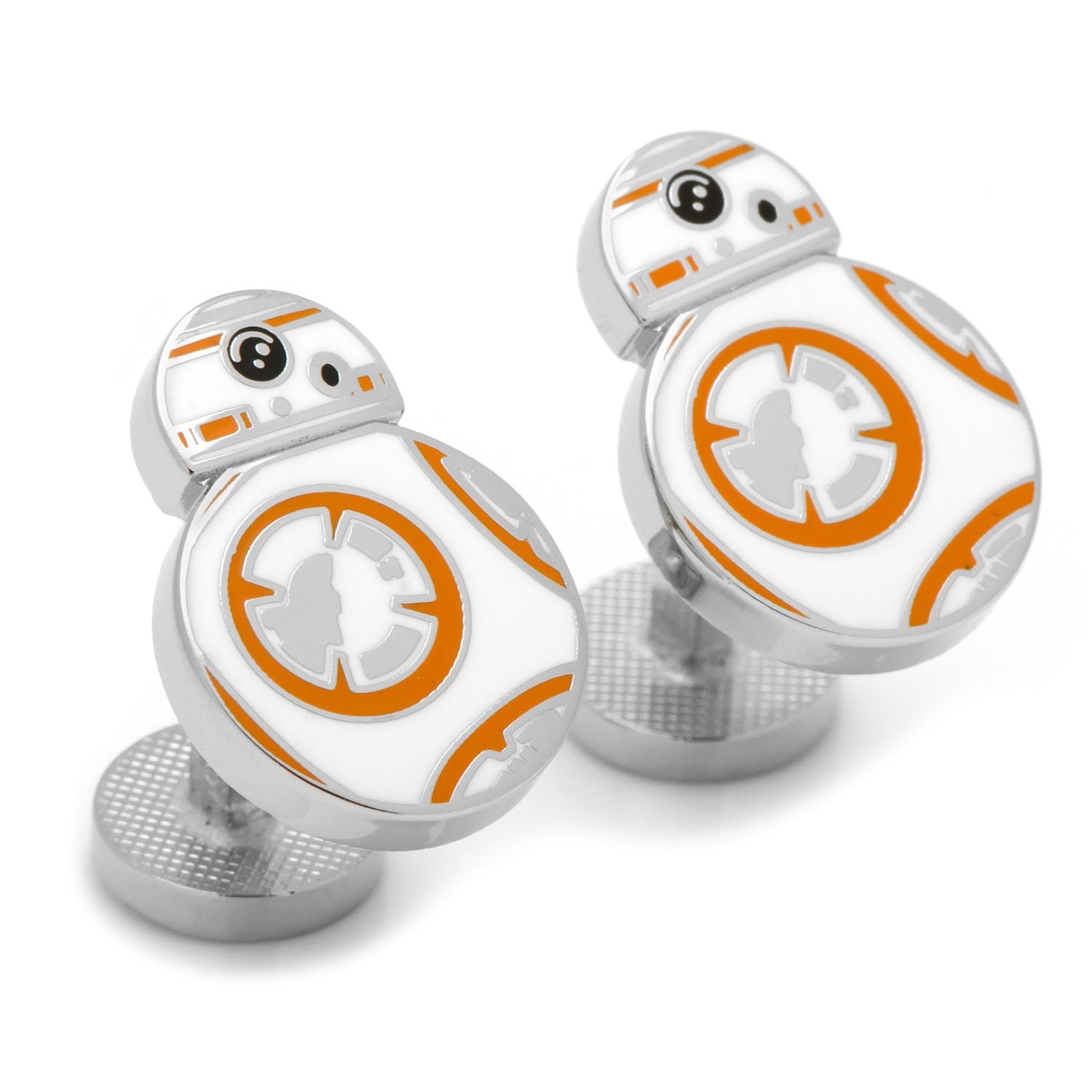 The Star Wars BB-8 Cufflinks by Cufflinks.com feature one BB-8 droid cufflink with orange and white accents and another with the Rebel Alliance symbol—a perfect accessory for every Star Wars fan.