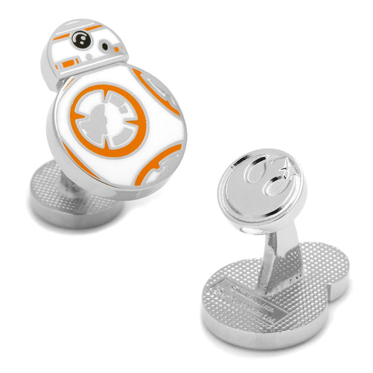 The Star Wars BB-8 Cufflinks by Cufflinks.com feature one BB-8 droid cufflink with orange and white accents and another with the Rebel Alliance symbol—a perfect accessory for every Star Wars fan.