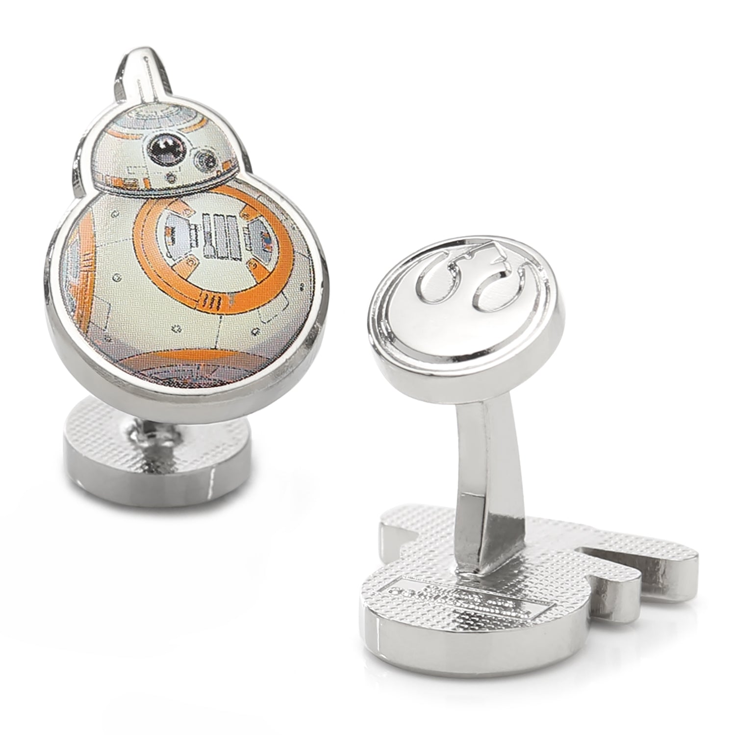 The Star Wars BB-8 and D-O Cufflinks by Cufflinks.com feature detailed colored designs of the droids on sleek silver-tone metal.