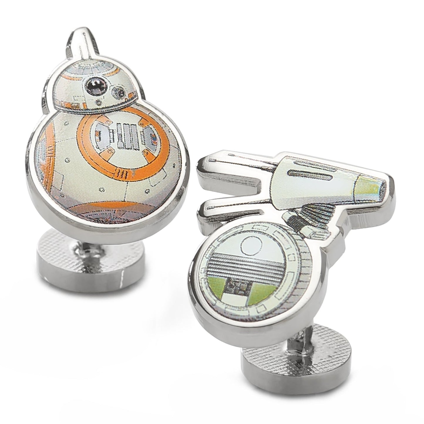 The Star Wars BB-8 and D-O Cufflinks by Cufflinks.com feature detailed colored designs of the droids on sleek silver-tone metal.