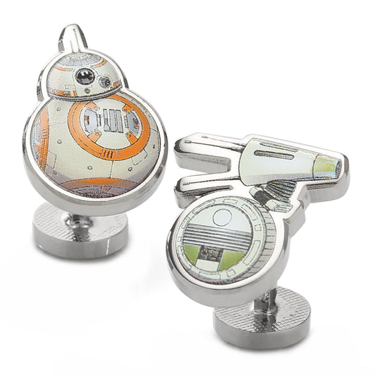 The Star Wars BB-8 and D-O Cufflinks by Cufflinks.com feature detailed colored designs of the droids on sleek silver-tone metal.