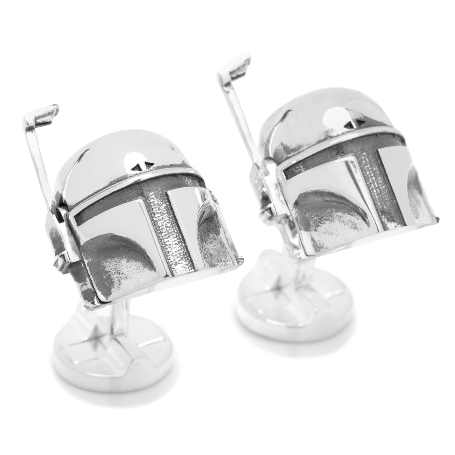 The Star Wars Boba Fett 3D Cufflinks by Cufflinks.com feature one cufflink shaped like Boba Fett's helmet and the other with the Mandalorian Mythosaur skull, both shown on a white background.