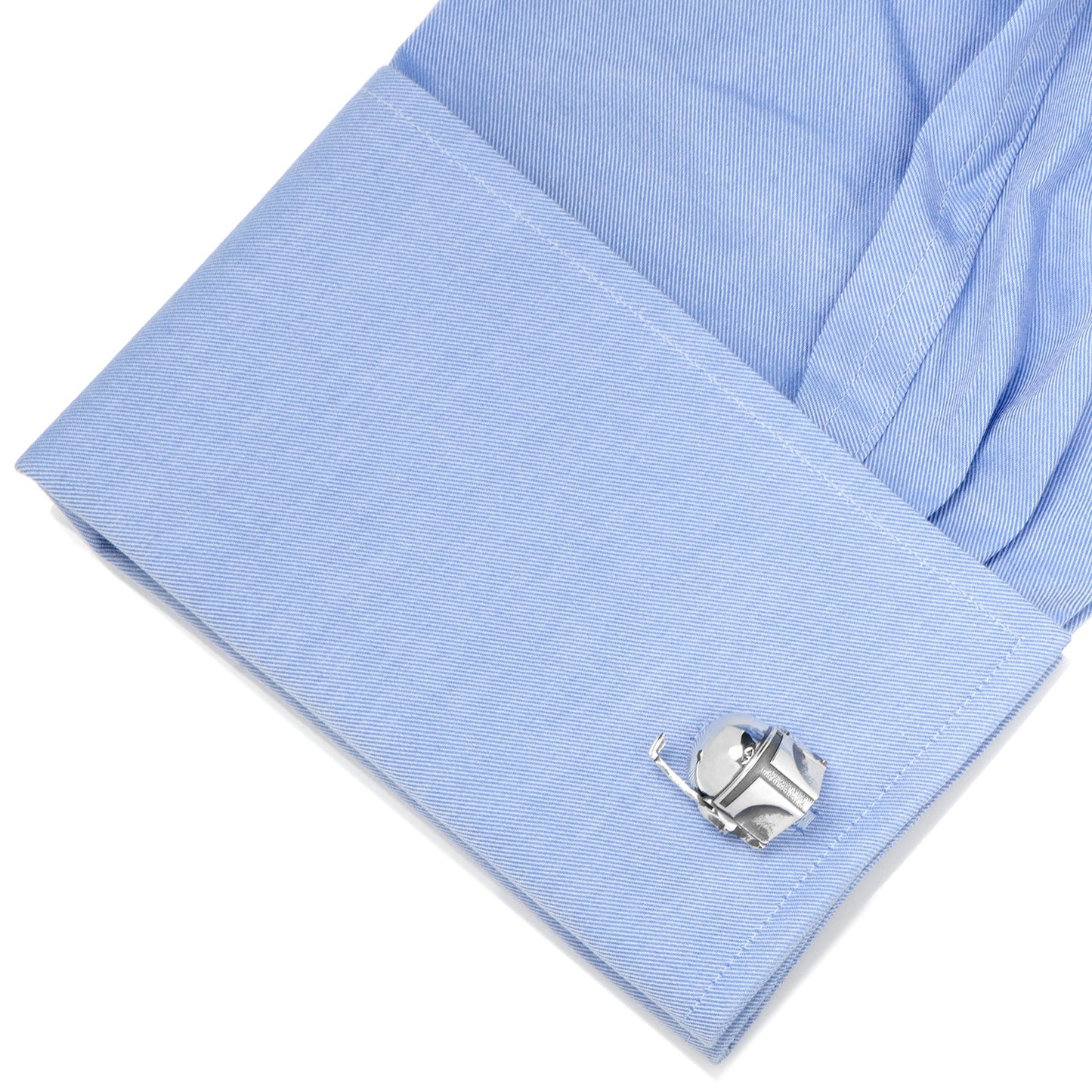 The Star Wars Boba Fett 3D Cufflinks by Cufflinks.com feature one cufflink shaped like Boba Fett's helmet and the other with the Mandalorian Mythosaur skull, both shown on a white background.