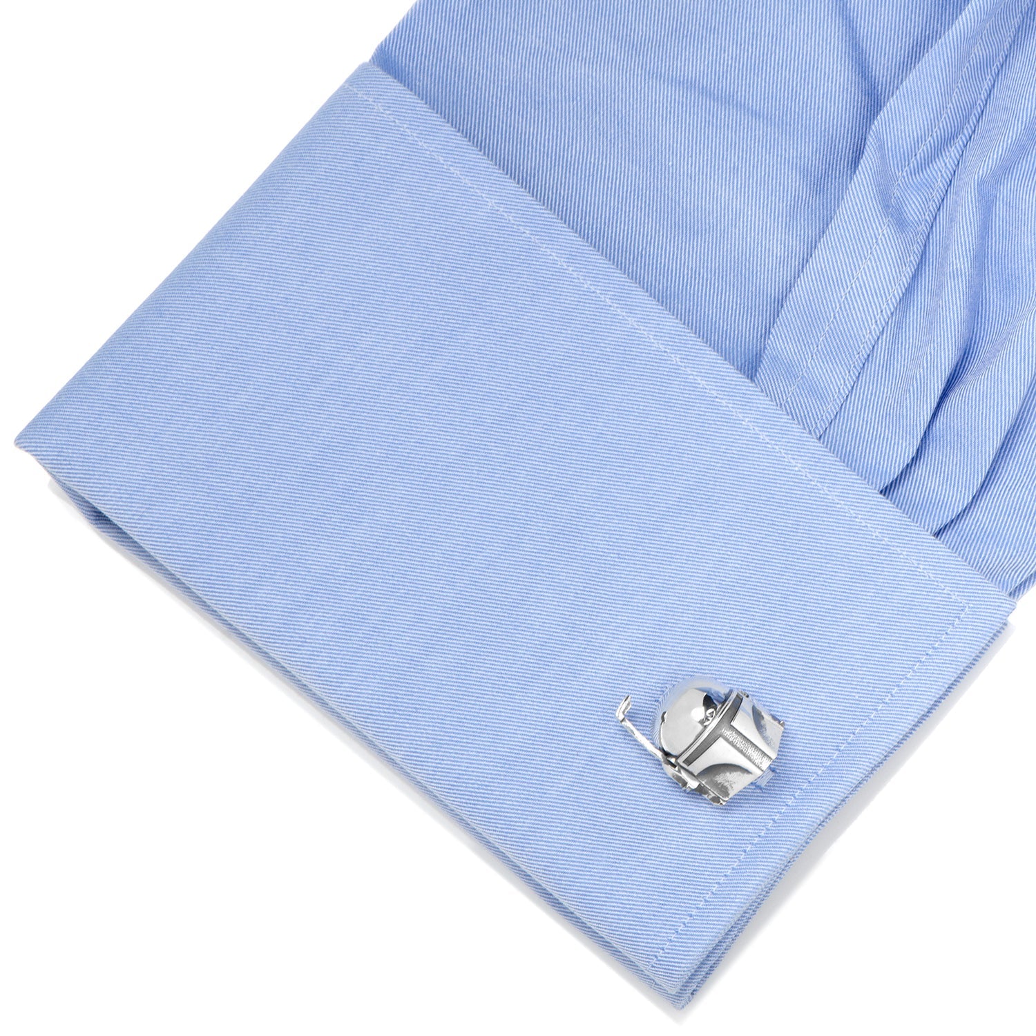 The Star Wars Boba Fett 3D Cufflinks by Cufflinks.com feature one cufflink shaped like Boba Fett's helmet and the other with the Mandalorian Mythosaur skull, both shown on a white background.