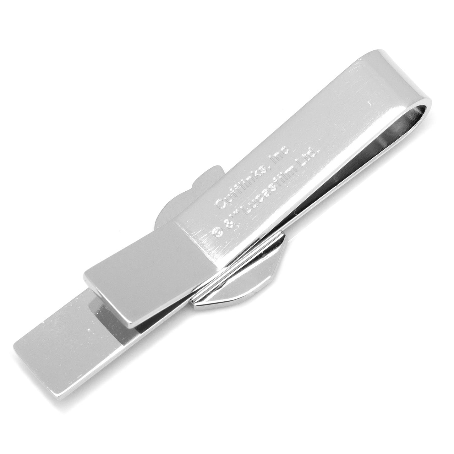The Star Wars Boba Fett Tie Bar by Cufflinks.com features a silver design with an enamel helmet emblem, making it the perfect officially licensed accessory for any Star Wars fan.