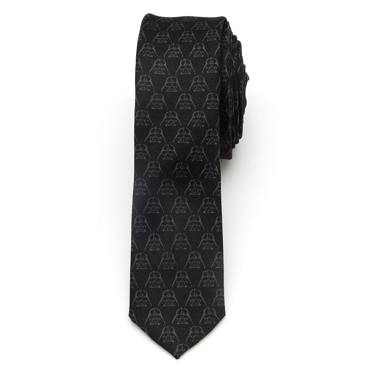 The Star Wars Darth Vader Black Skinny Tie by Cufflinks.com features a subtle pattern of Darth Vader helmets—an elegant silk accessory perfect for any Star Wars fan.