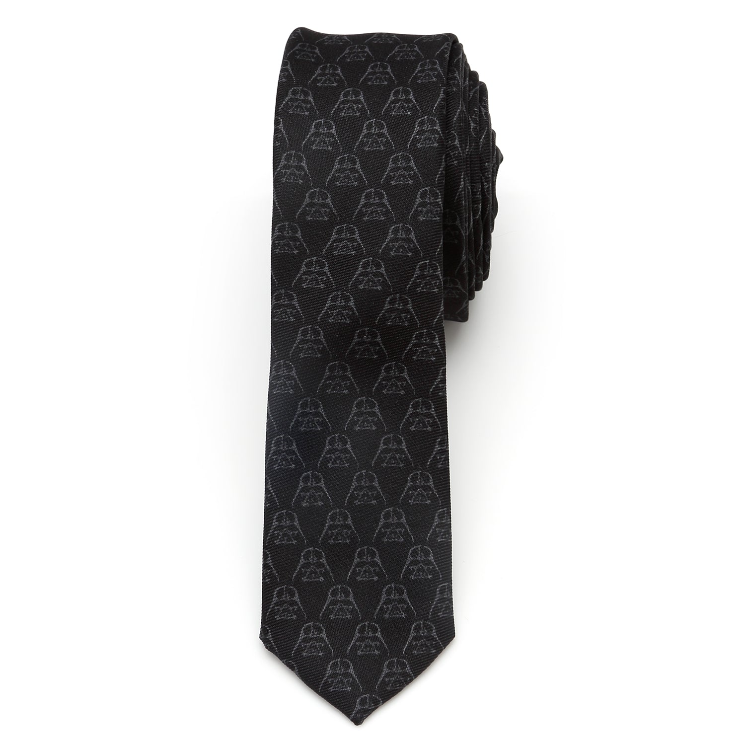 The Star Wars Darth Vader Black Skinny Tie by Cufflinks.com features a subtle pattern of Darth Vader helmets—an elegant silk accessory perfect for any Star Wars fan.