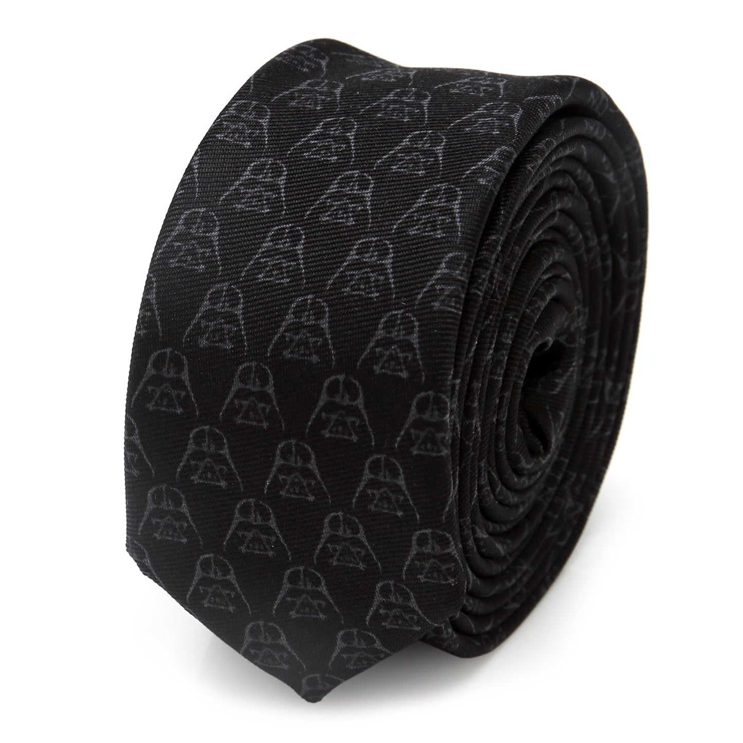 The Star Wars Darth Vader Black Skinny Tie by Cufflinks.com features a subtle pattern of Darth Vader helmets—an elegant silk accessory perfect for any Star Wars fan.