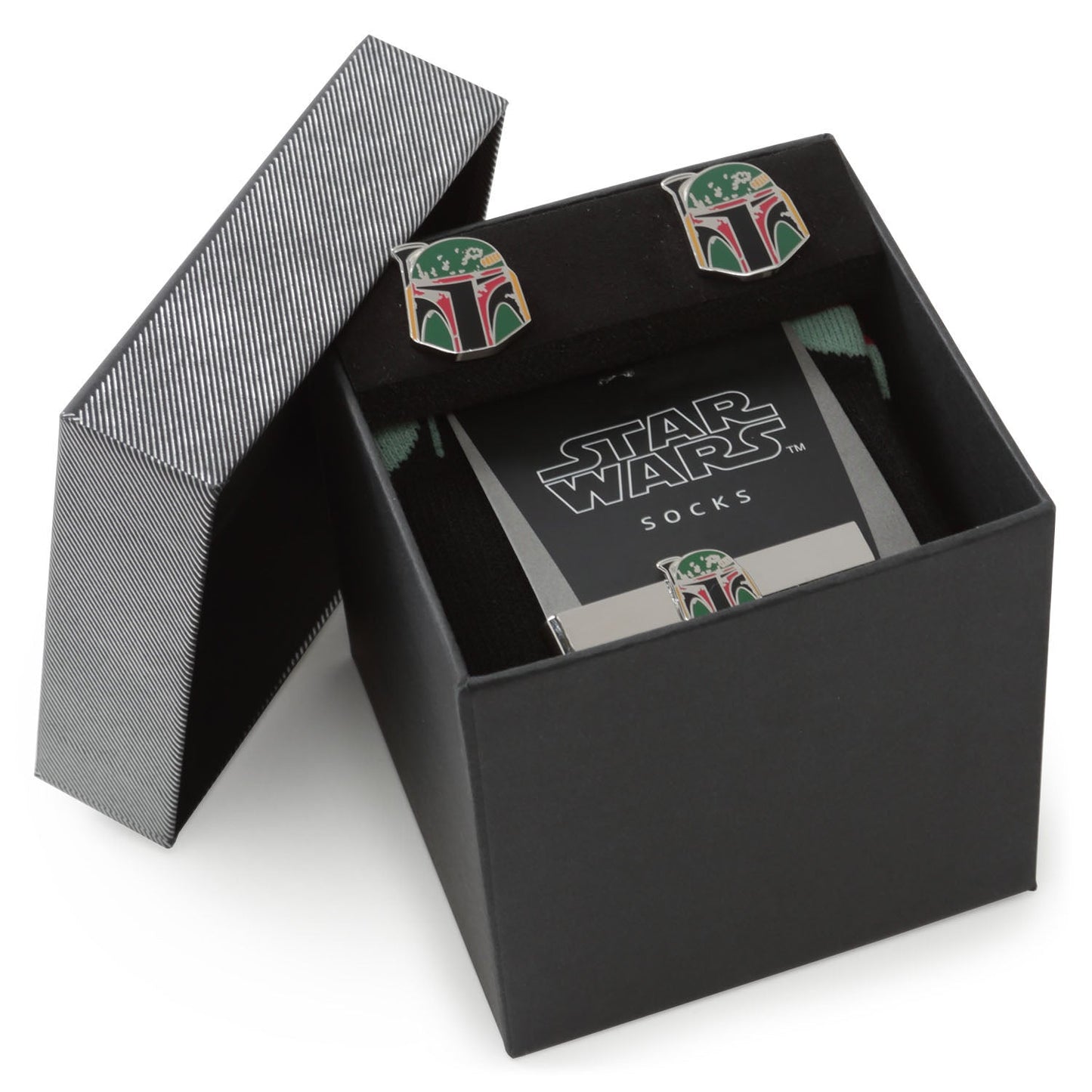 A black gift box from Cufflinks.com, its lid partially open, displays the Star Wars Boba Fett Cufflinks, Tie Bar, and Dress Socks Gift Set.