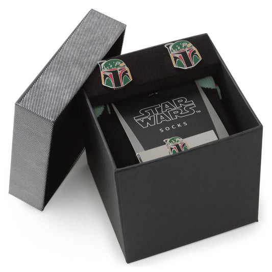 A black gift box from Cufflinks.com, its lid partially open, displays the Star Wars Boba Fett Cufflinks, Tie Bar, and Dress Socks Gift Set.