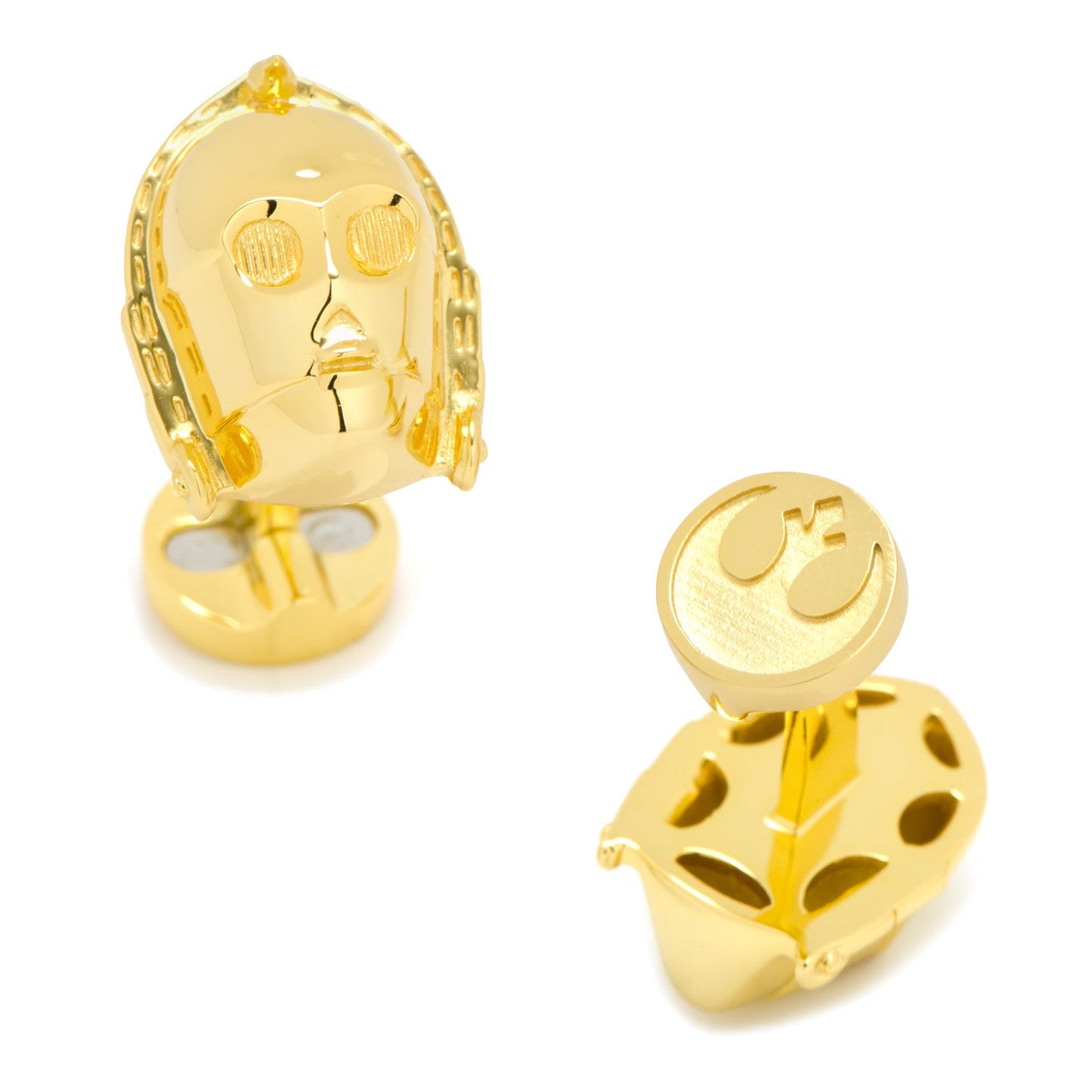 Show off your fandom with Star Wars C-3PO 3D Cufflinks by Cufflinks.com—gold-tone accessories shaped like C-3PO’s head, perfect for any collector seeking unique Star Wars cufflinks.