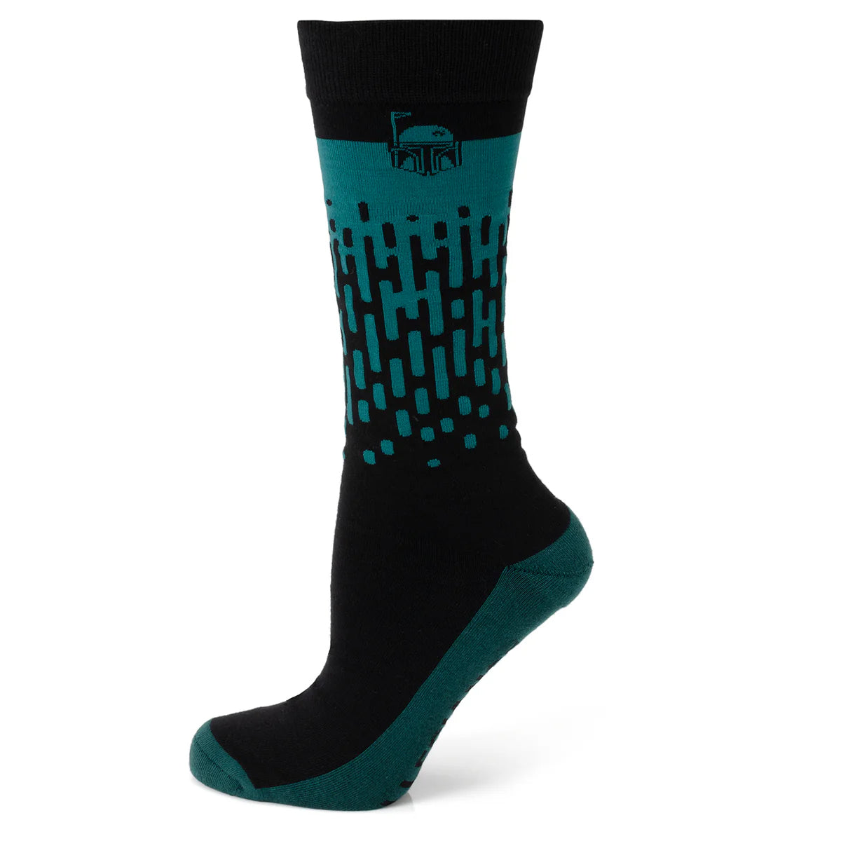 The Star Wars Boba Fett Green Dress Socks and Crest Lapel Pin Gift Set by Cufflinks.com features stylish green socks and a Boba Fett lapel pin—perfect for any Star Wars fan.