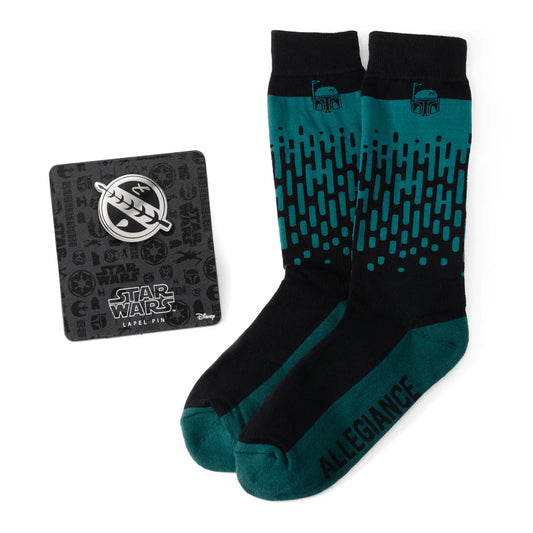 The Star Wars Boba Fett Green Dress Socks and Crest Lapel Pin Gift Set by Cufflinks.com features stylish green socks and a Boba Fett lapel pin—perfect for any Star Wars fan.