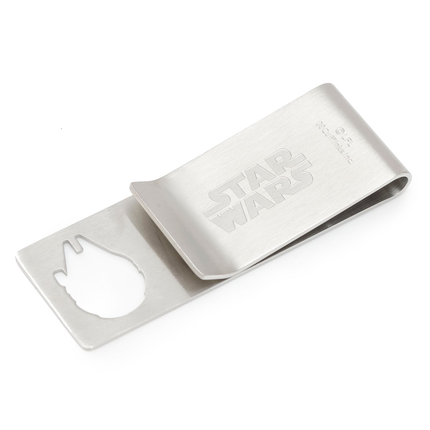 The Star Wars Millennium Falcon Cutout Money Clip by Cufflinks.com features a silver metal design with a cutout of the iconic ship—an ideal gift for any Star Wars fan.