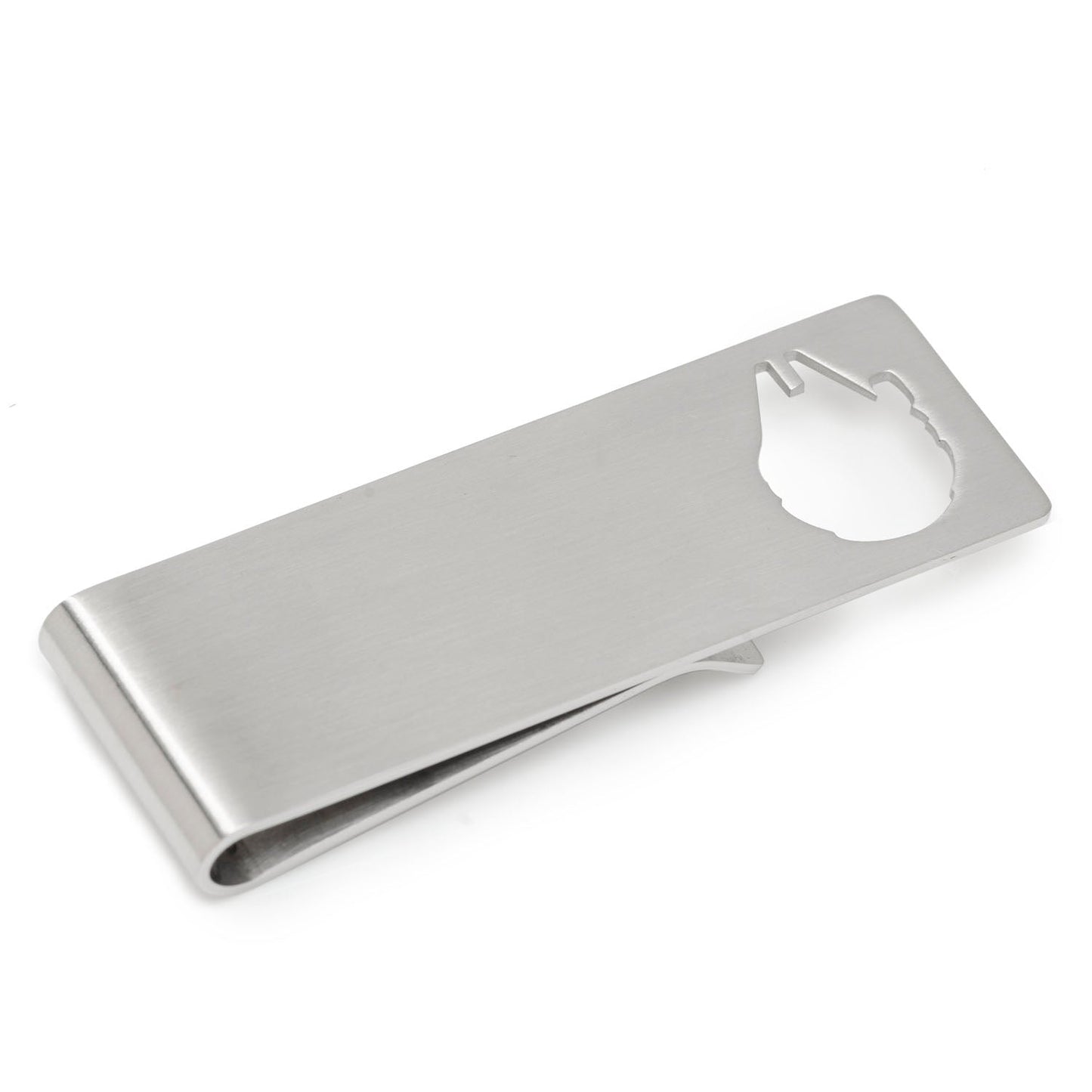 The Star Wars Millennium Falcon Cutout Money Clip by Cufflinks.com features a silver metal design with a cutout of the iconic ship—an ideal gift for any Star Wars fan.