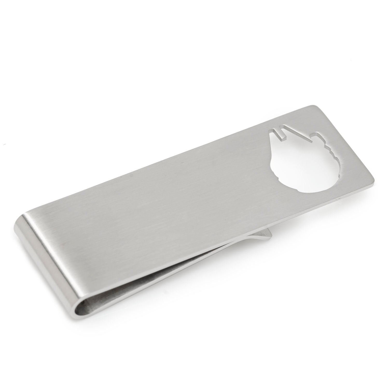 The Star Wars Millennium Falcon Cutout Money Clip by Cufflinks.com features a silver metal design with a cutout of the iconic ship—an ideal gift for any Star Wars fan.